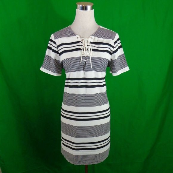 EXPRESS LARGE BLACK OFF-WHITE STRIPED SHORT SLEEVE - Picture 3 of 7